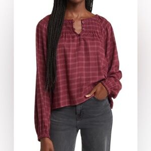 TREASURE & BOND Burgundy Plaid Smocked Blouse NEW